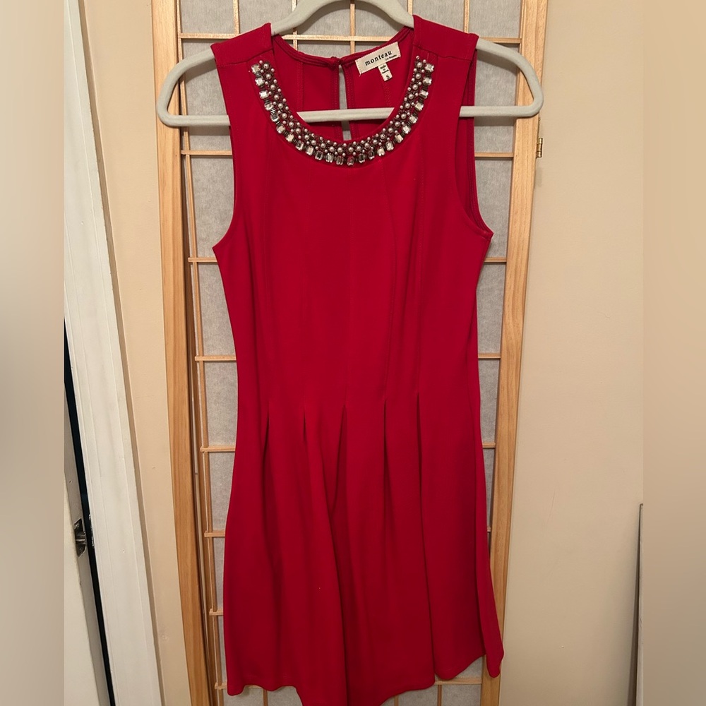 Monteau Red Dress with Beaded Neckline